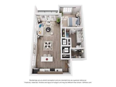 Floor plan for 1 bed, 1 bath, 844 sqft
